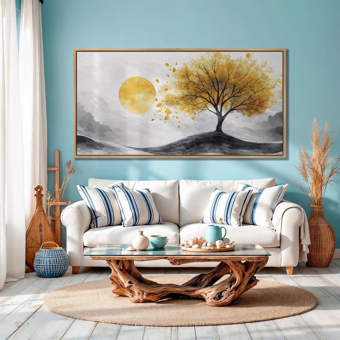 Framed Wall Art: Abstract tree art with gold, gray, and black tones. Modern Canvas Print adds a touch of nature to your living room decor.