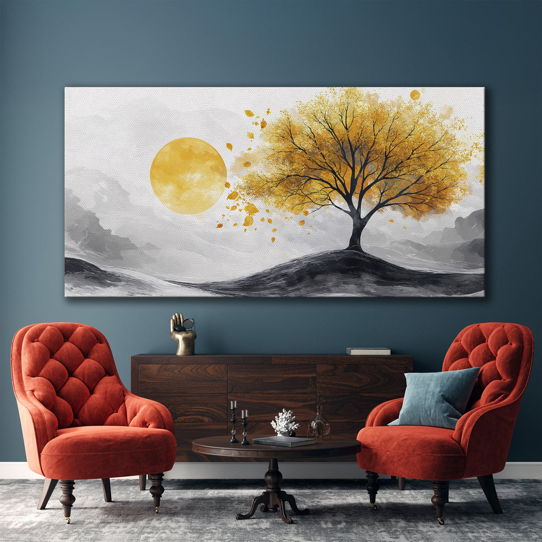 Framed Wall Art: Abstract gold tree landscape in a modern living room. Features a warm yellow and gray color palette, perfect for home decor.