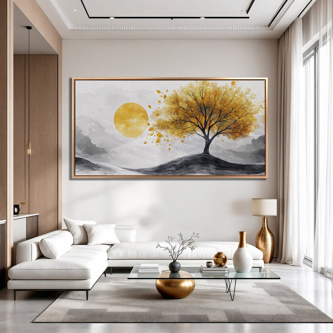 Framed Wall Art: Abstract tree art with golden yellow and gray tones. Modern canvas print perfect for living room decor.