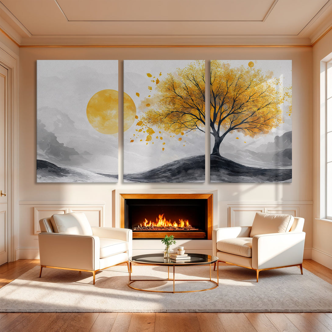 Canvas Print triptych featuring a stylized tree with yellow leaves and a yellow sun against a gray background. Modern art in a warm, inviting interior.