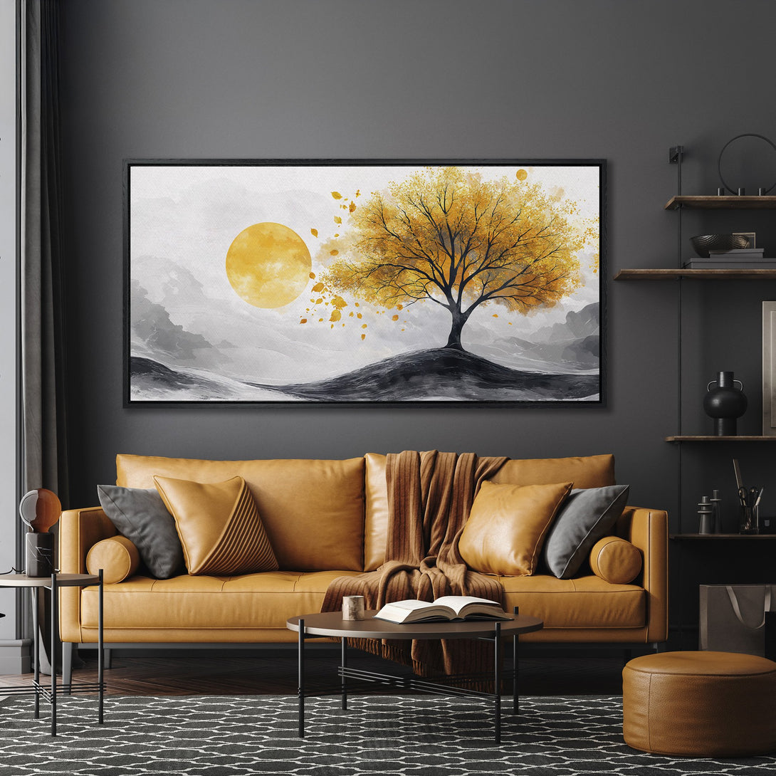 Framed Wall Art: Abstract tree art in a modern interior. Features a golden yellow & gray color palette, perfect for living room decor. Shop now!