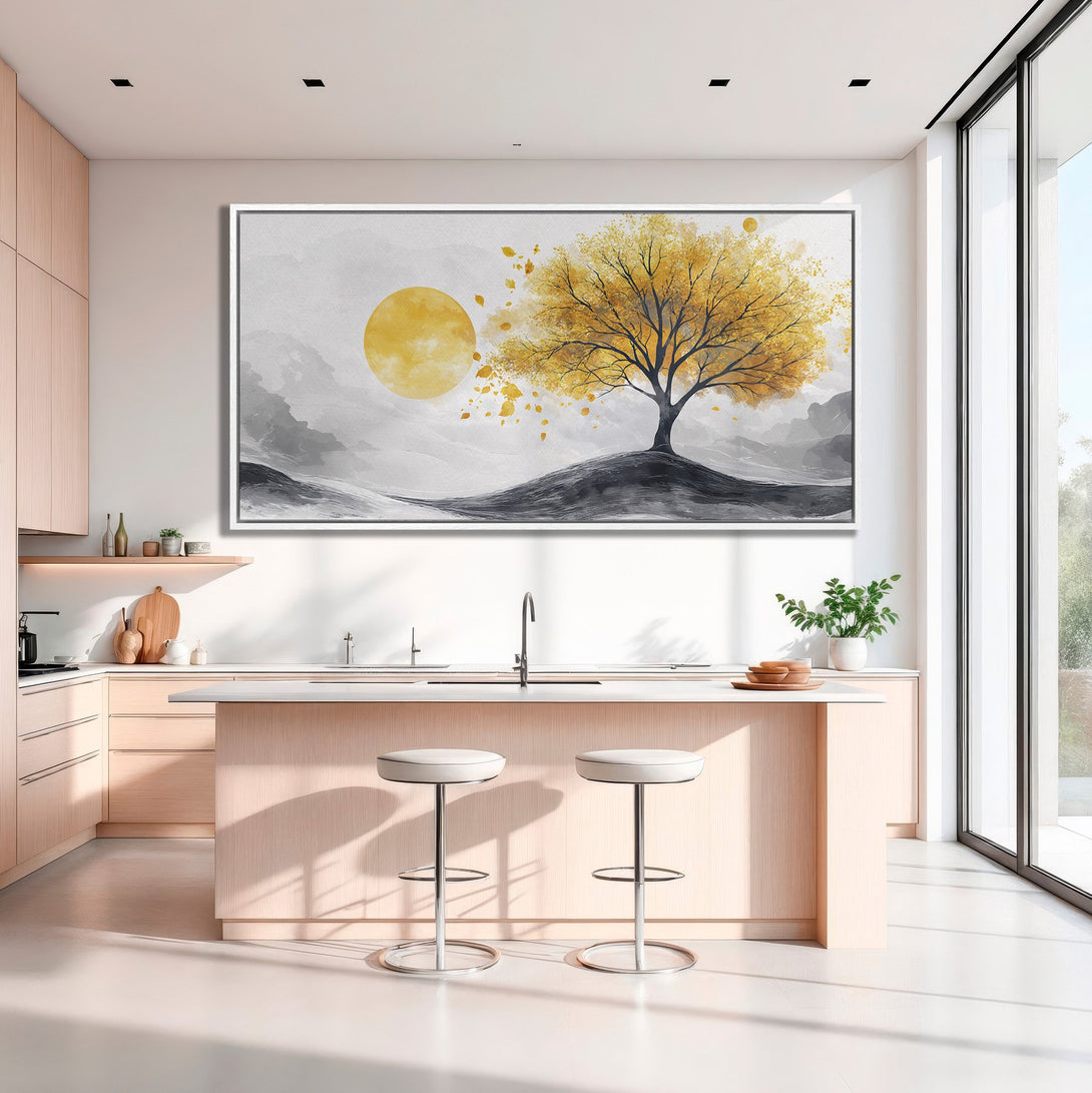 Framed Wall Art: Abstract tree art in a modern kitchen. Features a yellow, gray, and white color palette, perfect for adding a touch of nature to your home.