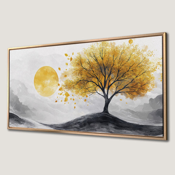Framed Wall Art featuring an abstract tree with golden leaves against a gray and yellow landscape. Modern, minimalist style. Perfect home decor.