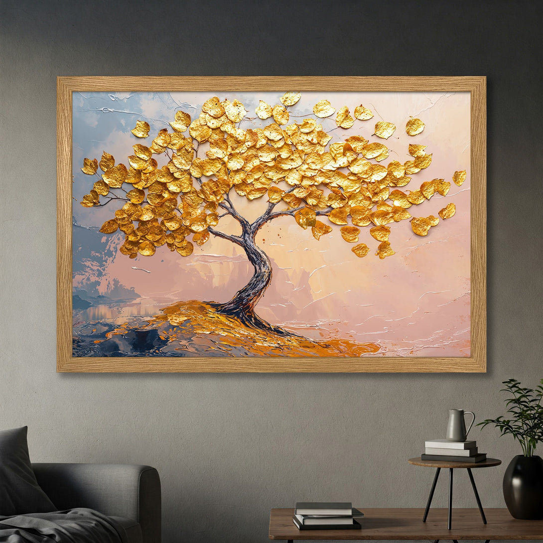 Framed Poster featuring a golden tree with textured leaves. Modern art style, warm color palette of gold, pink, and blue. Perfect wall decor.