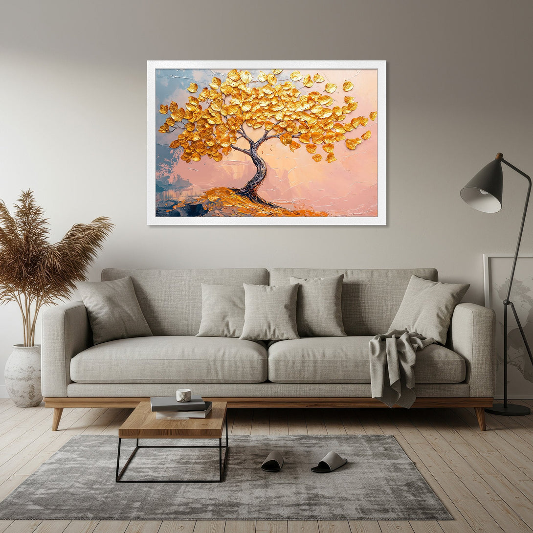 Framed Poster of a golden tree in an impressionistic style, with a warm, pastel color palette. Perfect wall art!