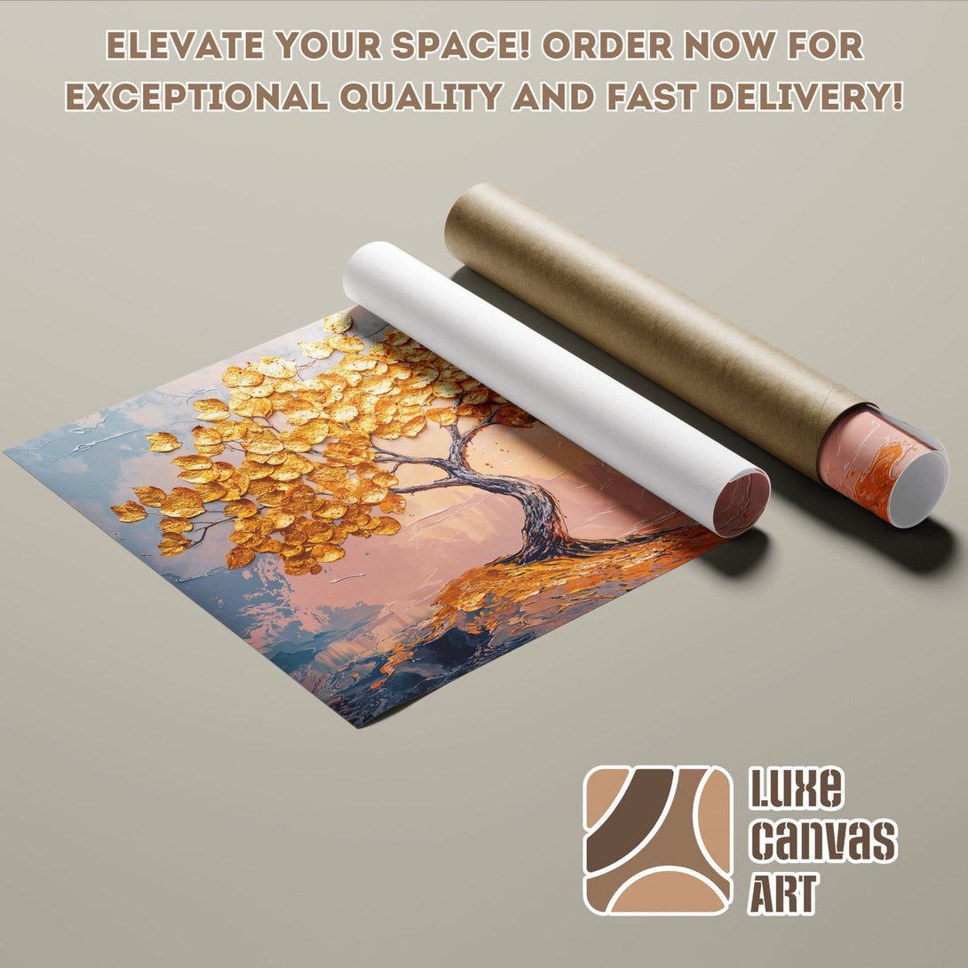 Abstract tree Poster Roll art in warm gold and peach tones. Elevate your space!