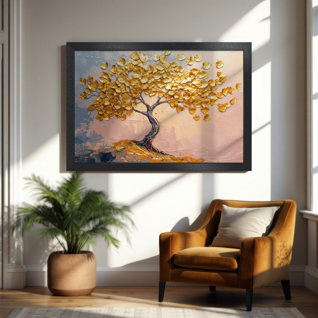 Framed Poster of golden tree art. Textured style with warm gold, pink, and gray color palette. Perfect for home decor.