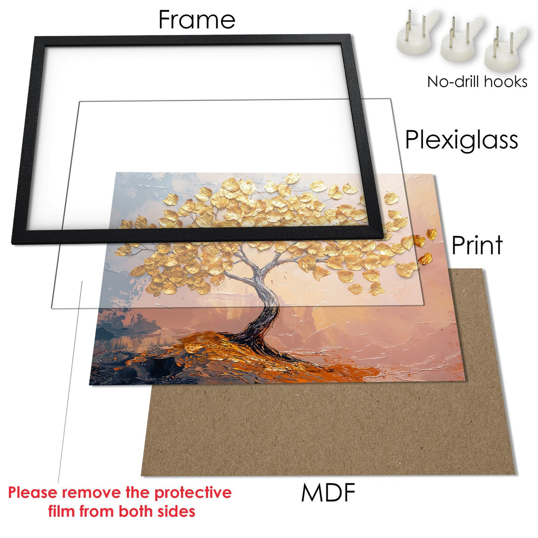 Framed Poster featuring a golden tree art print. Warm, earthy color palette with a modern, textured style. Perfect wall decor!