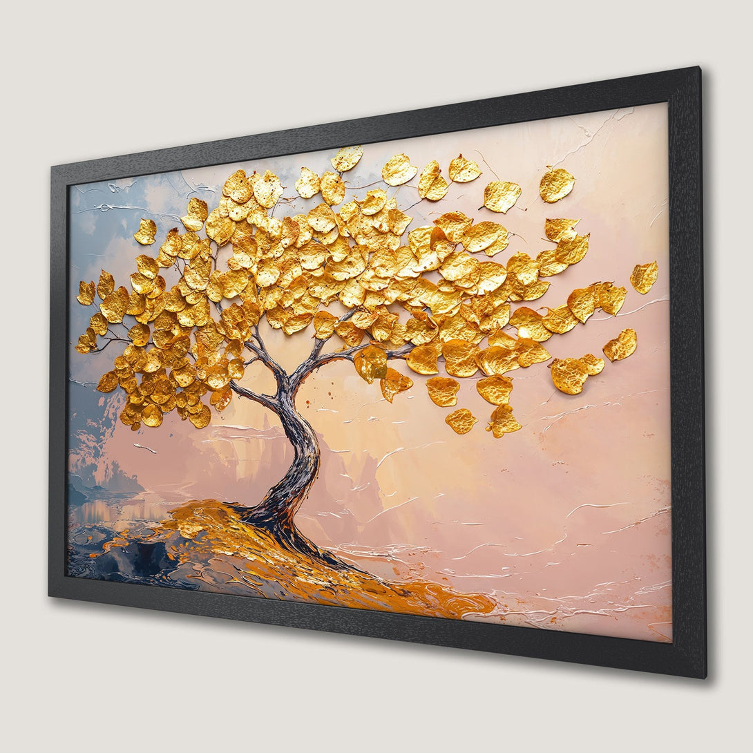 Framed Poster of a golden tree art print, featuring a textured style with a warm, neutral color palette.