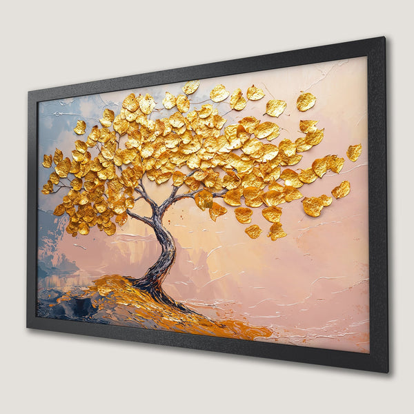 Framed Poster of a golden tree art print, featuring a textured style with a warm, neutral color palette.