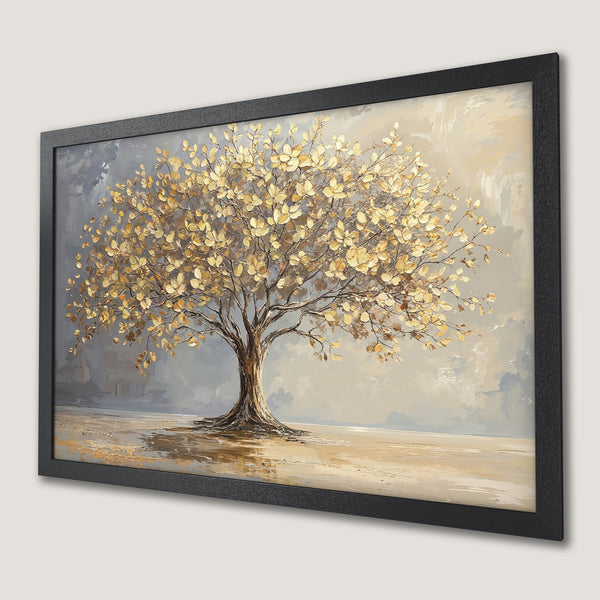 Framed Poster of a golden tree painting. Textured art with a neutral color palette, perfect for adding warmth to your space.