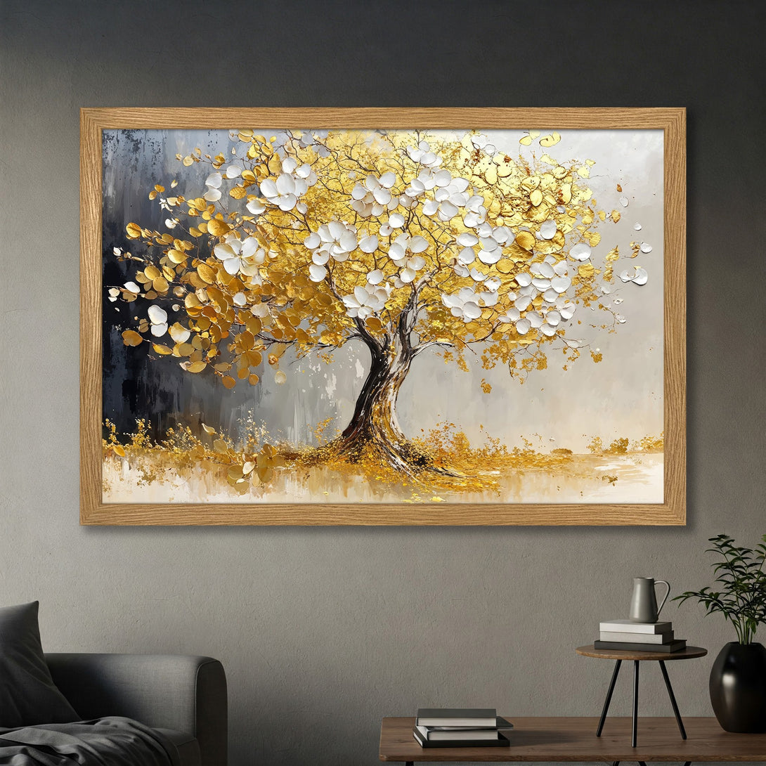 Framed Poster featuring a textured gold and white abstract tree art print. Modern, elegant decor in neutral tones.