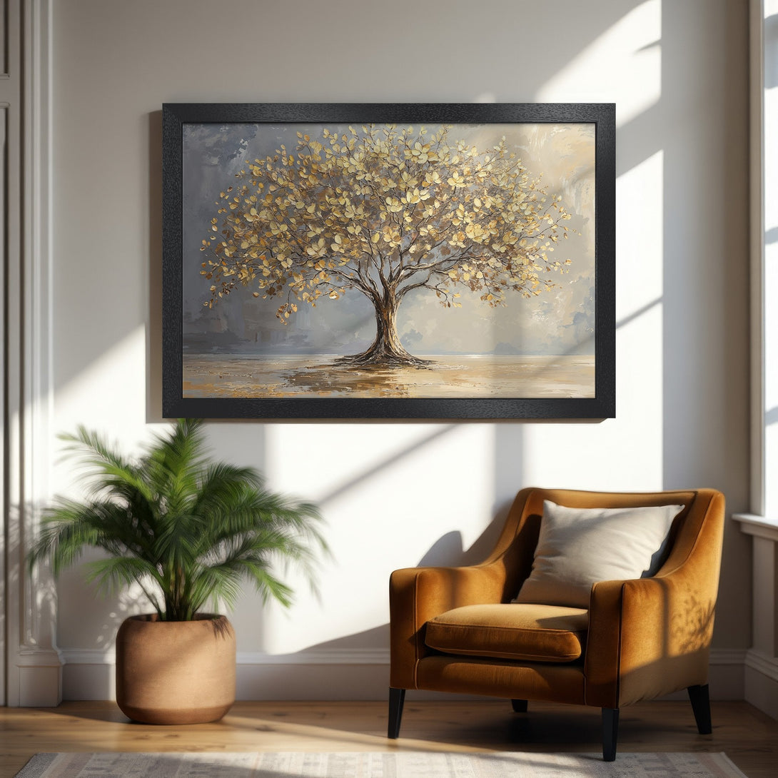 Framed Poster of a golden tree in a warm, neutral color palette. Perfect for adding a touch of nature-inspired art to your space.