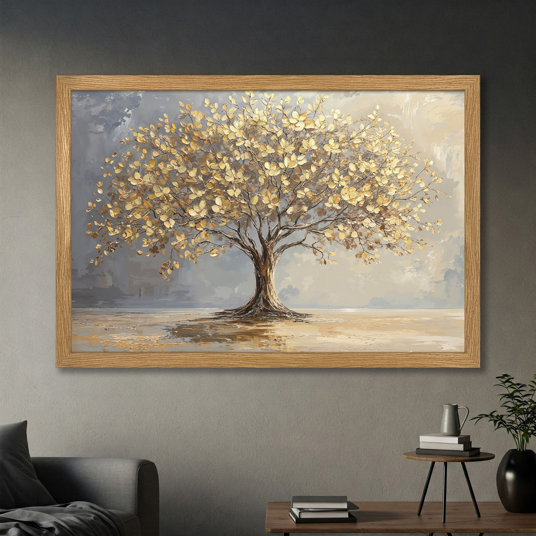 Framed Poster featuring a golden tree painting with a neutral color palette, perfect for home decor.