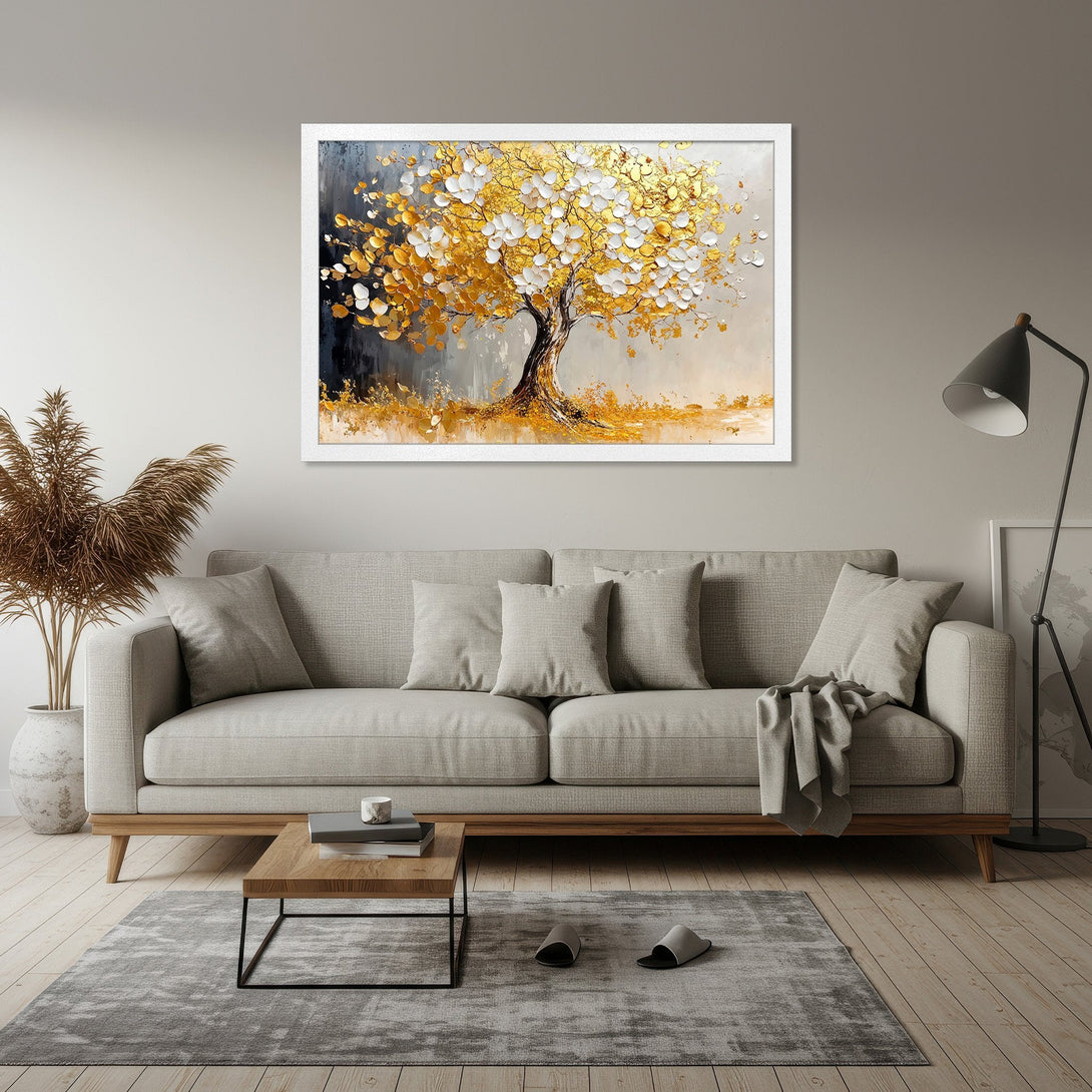 Framed Poster of a golden tree in an abstract style. Warm, neutral color palette for modern decor.