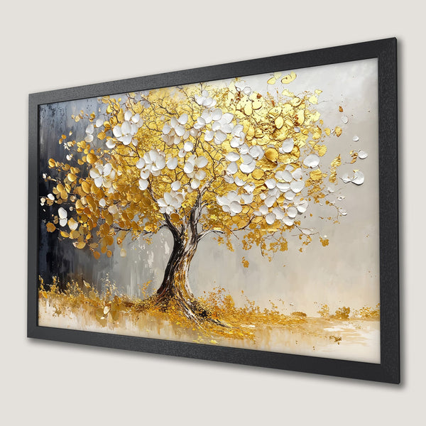 Framed Poster: Gold & white textured tree art print. Modern, elegant decor with neutral color palette.