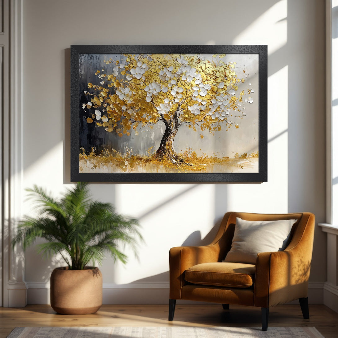 Framed Poster featuring a gold and white abstract tree painting. Modern art style with a warm, neutral color palette. Perfect wall decor!