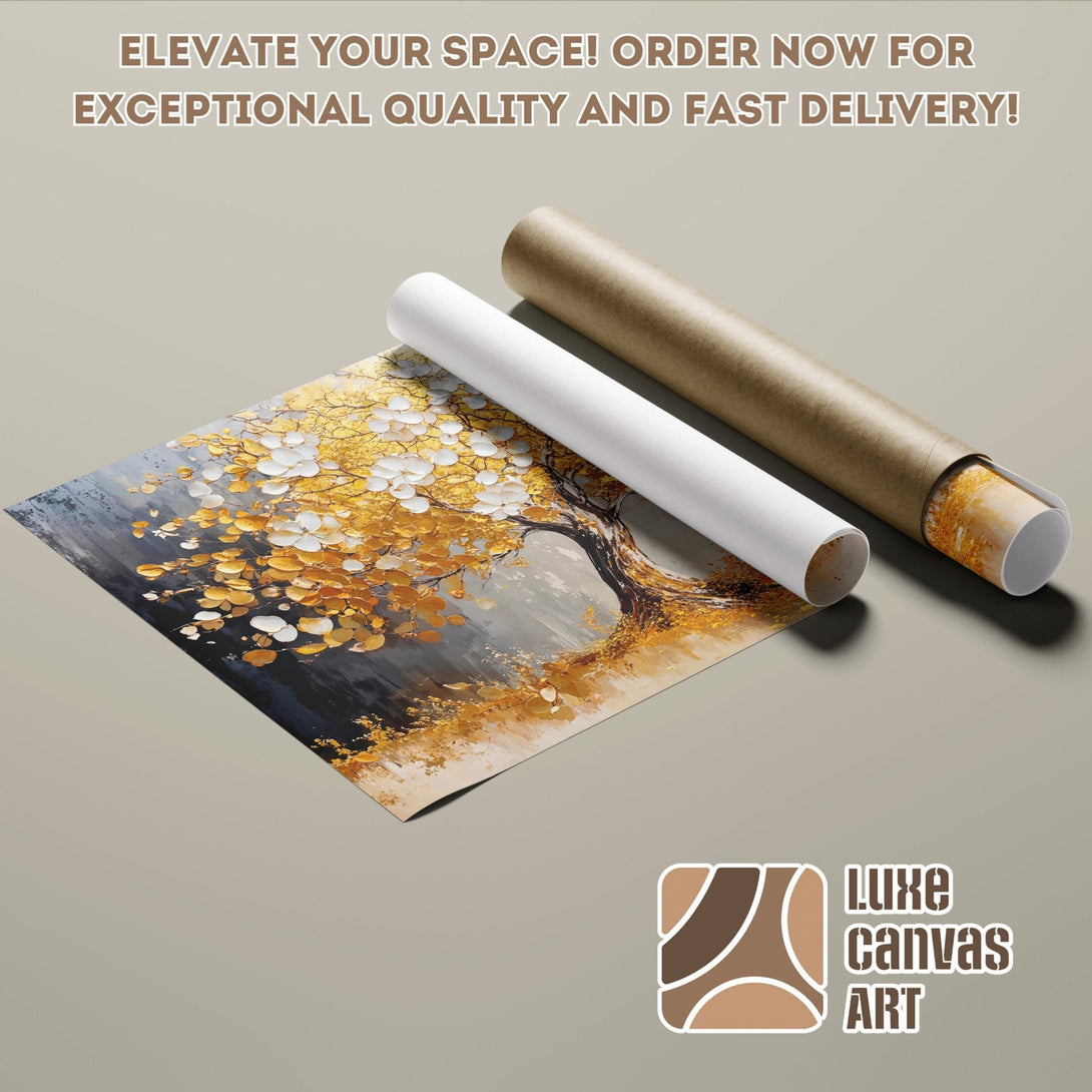 Golden tree Poster Roll art print, modern style, warm gold & gray palette. Elevate your space!