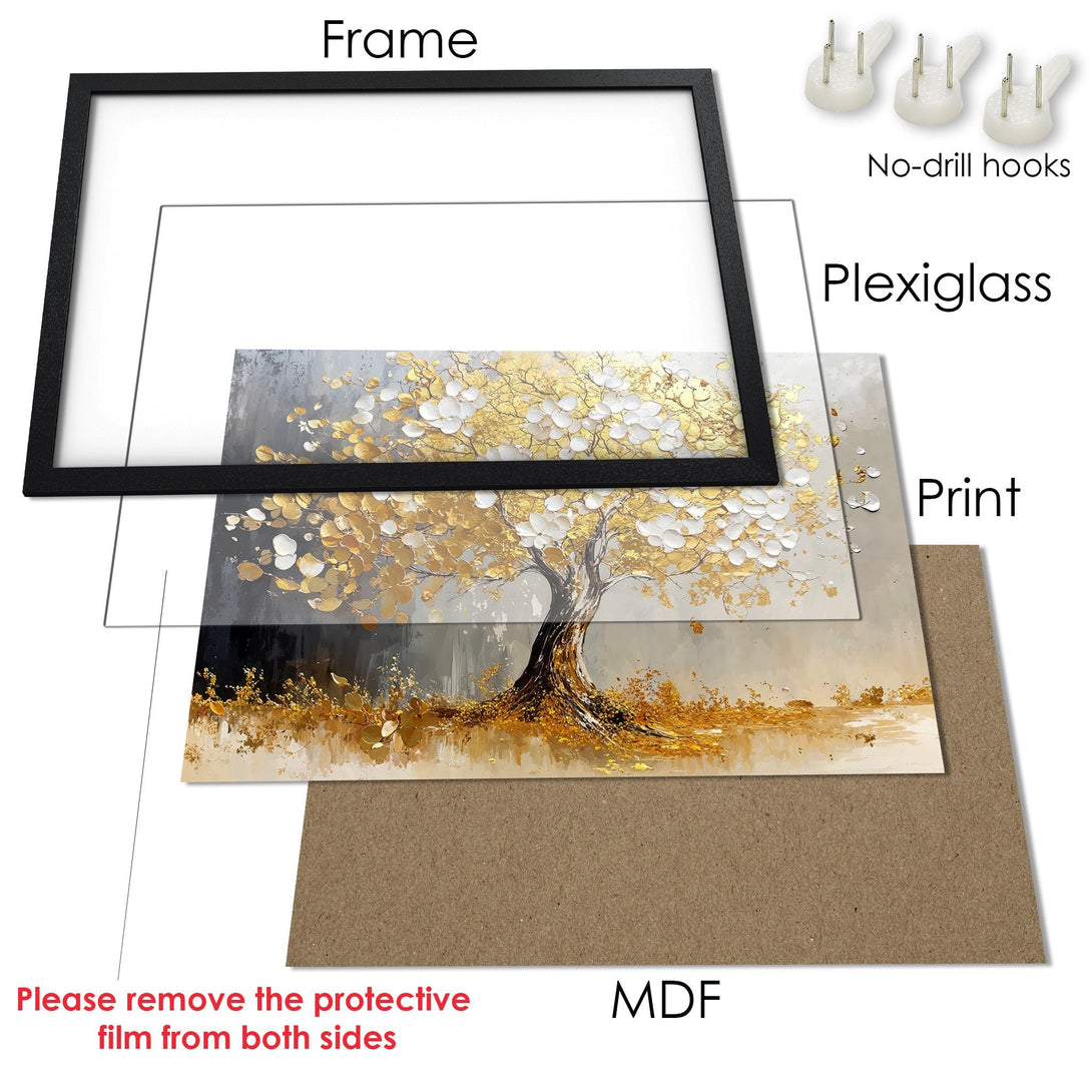 Framed Poster of a golden tree, artistic style, with a gray, gold, and white color palette. Perfect wall art!