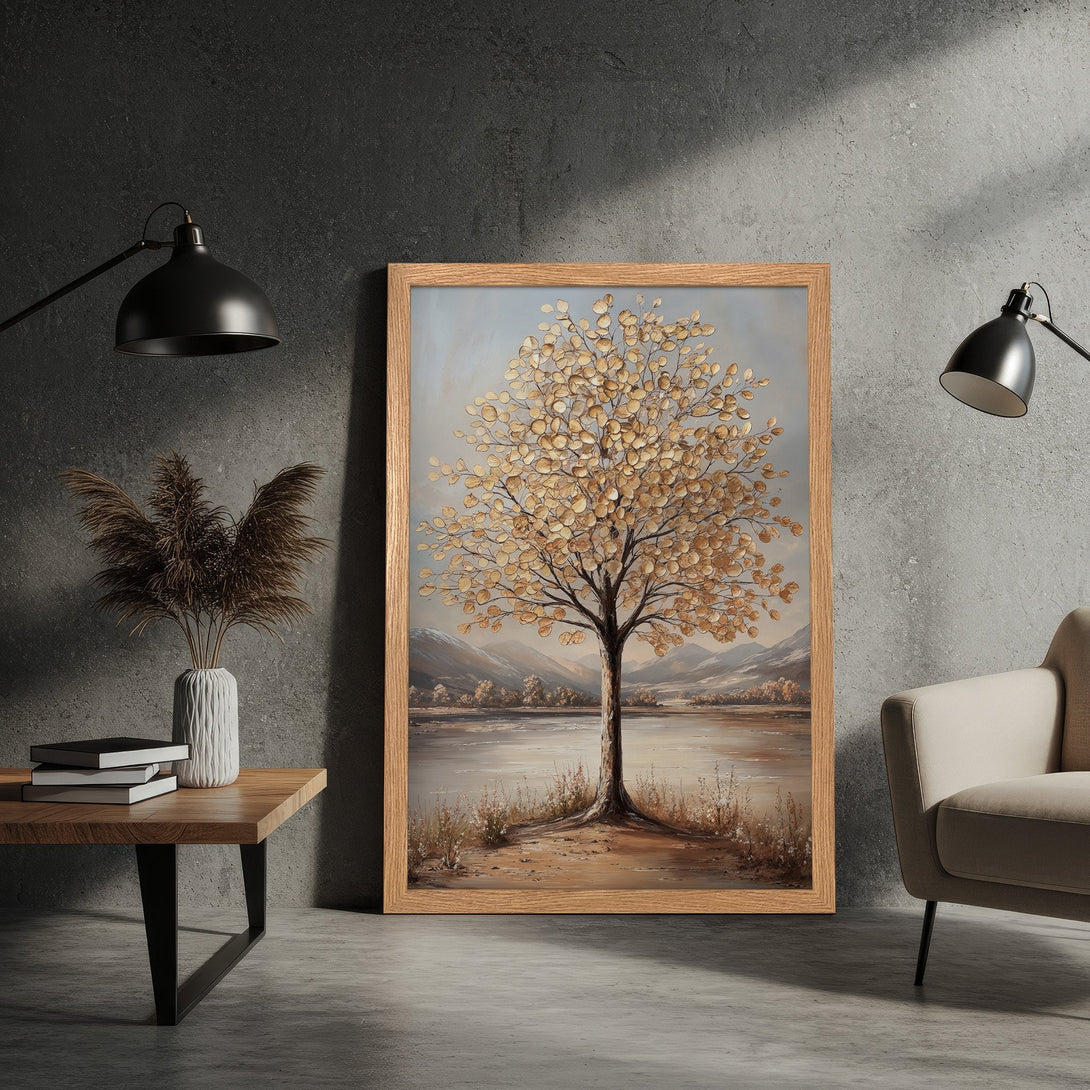 Framed Poster of a golden tree landscape painting. Neutral color palette, art print for home decor. Modern style.