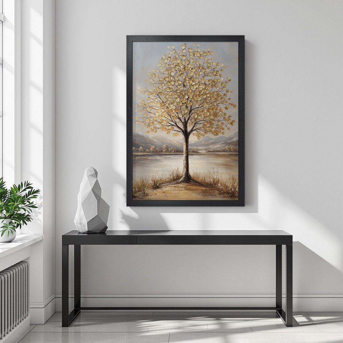 Framed Poster featuring a golden tree art print. Elegant, minimalist style with a warm neutral color palette. Perfect for home decor.
