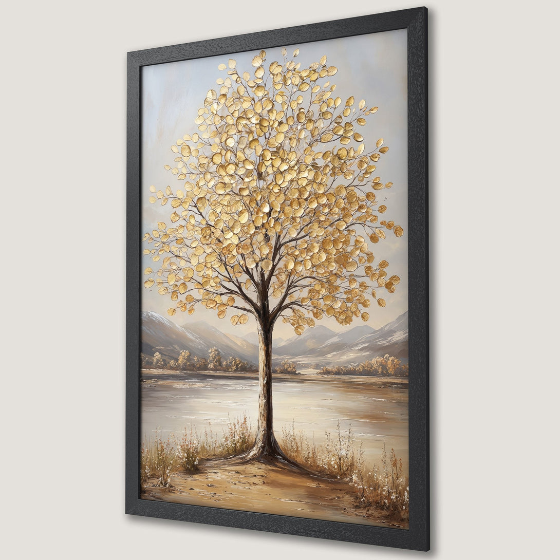 Framed Poster featuring a golden tree painting. Elegant art style with neutral and gold color palette, perfect for home decor.