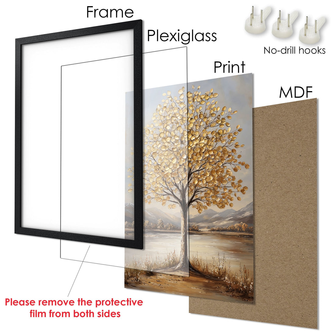 Framed Poster: Golden tree art print in neutral tones. Add a touch of nature-inspired elegance to your space! Ready to hang.