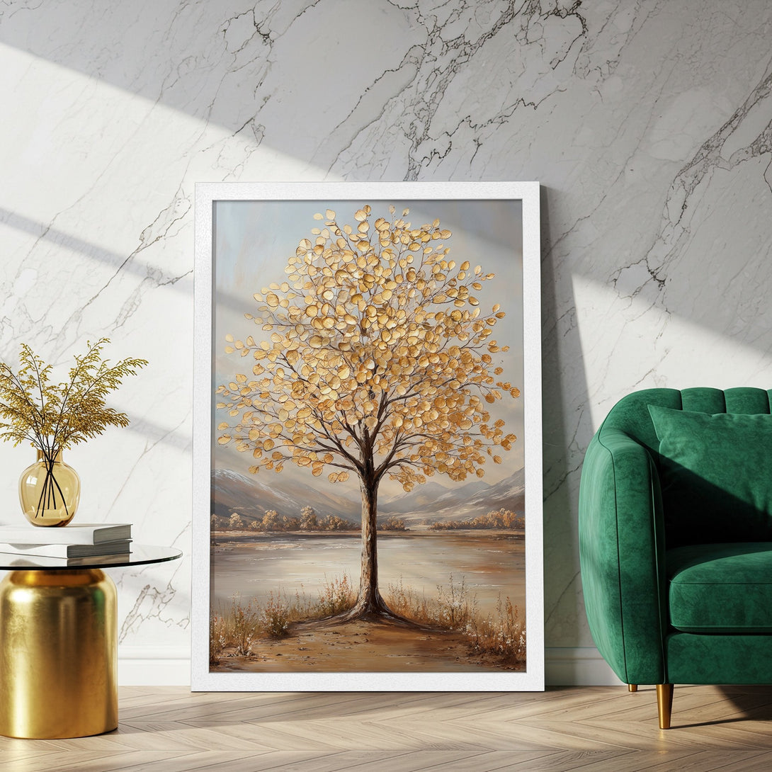 Framed Poster featuring a golden tree art print. Elegant style with a warm, earthy color palette, perfect for home decor.