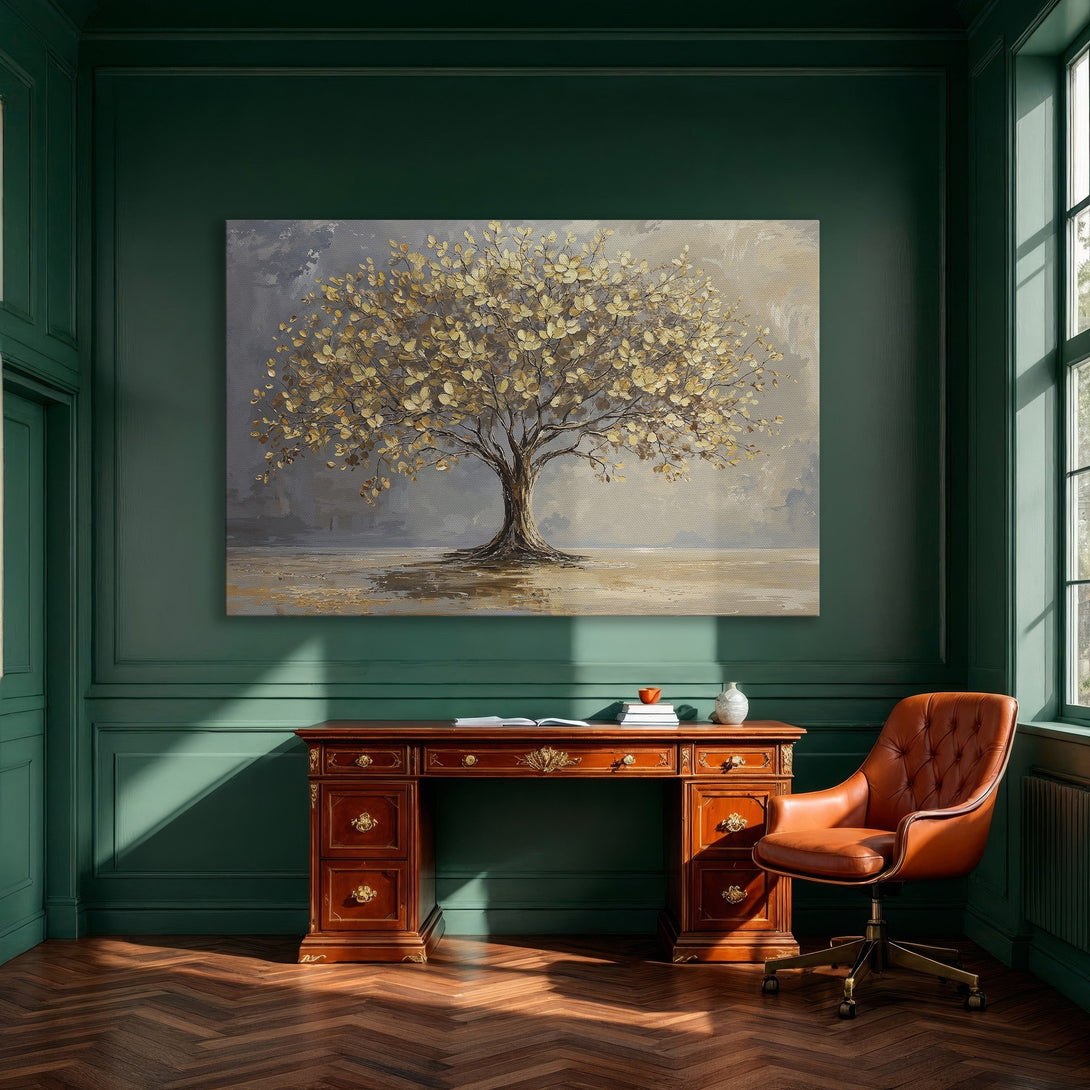 Framed Wall Art: Golden tree painting in a modern dining room. Neutral gray & gold palette, perfect for adding elegance to your space.