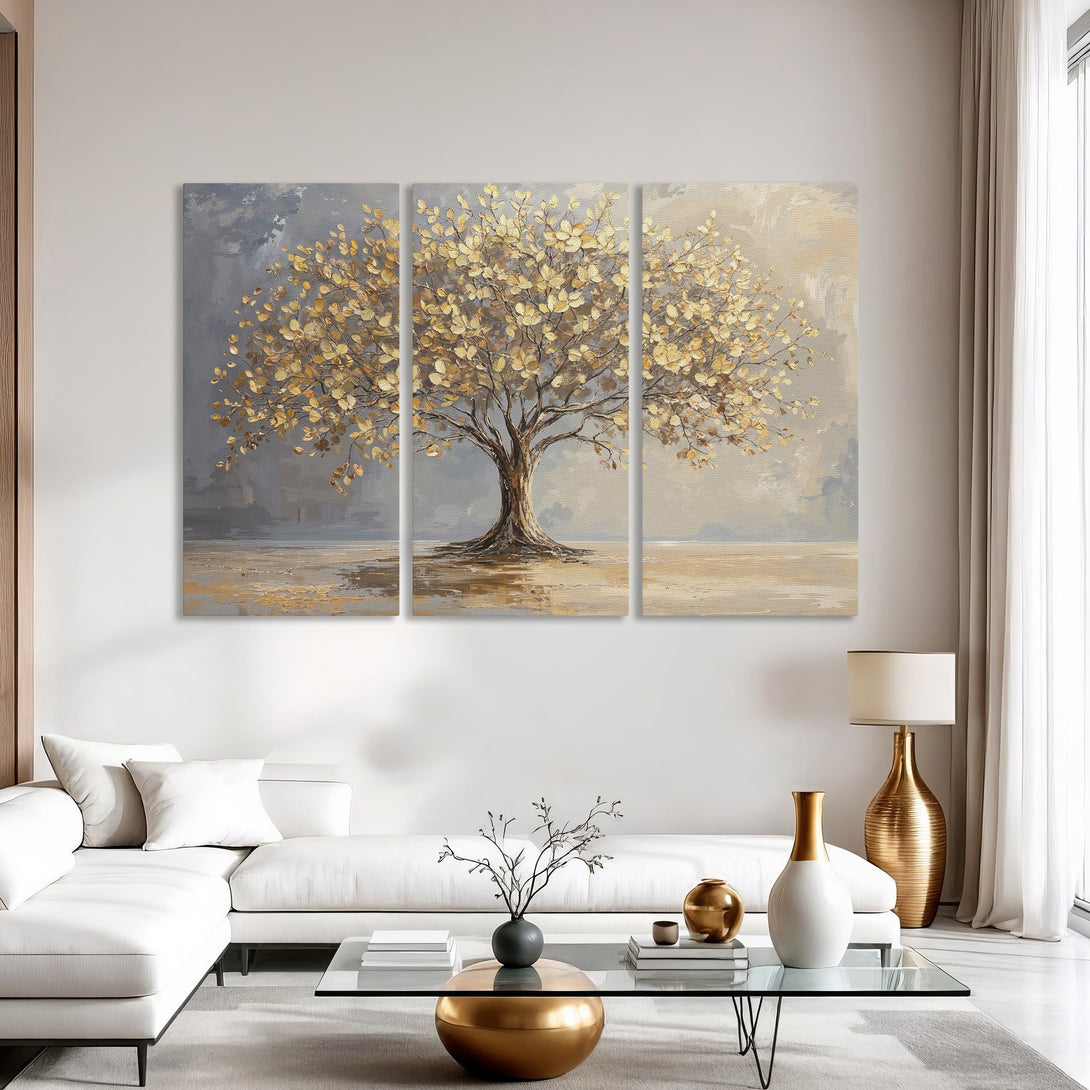 Canvas Print of a golden tree in a neutral interior. Modern art with a warm, inviting color palette. Perfect wall decor!