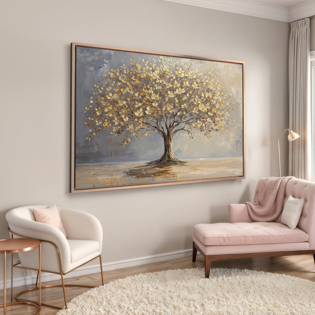 Framed Wall Art: Stunning gold leaf tree painting in a neutral color palette. Perfect for living room decor. Adds elegance and warmth to any space.