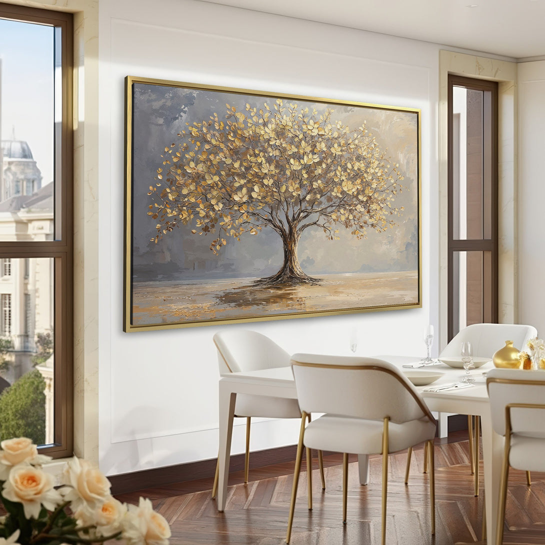 Canvas Print of a golden tree painting in a luxurious interior. Warm neutral tones and a touch of nature for elegant home decor.