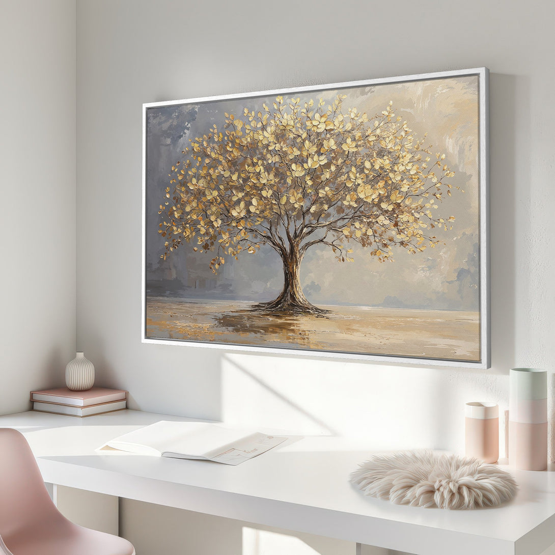Framed Wall Art: Golden tree painting in neutral tones. Modern canvas print for home decor. Adds warmth and elegance to any space.