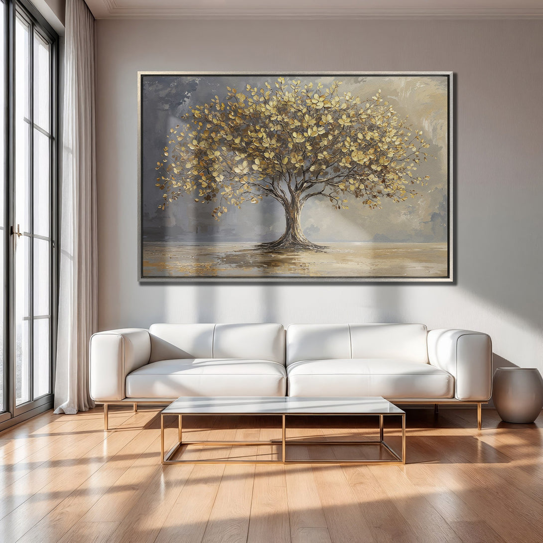 Framed Wall Art: Golden tree canvas print in a modern living room. Earthy tones and elegant style for home decor.