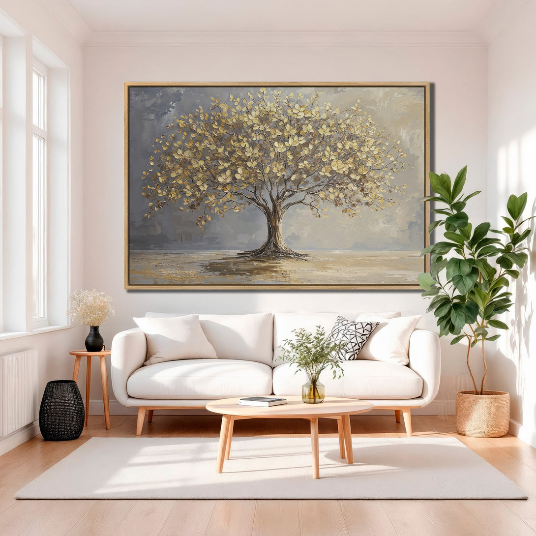 Framed Wall Art featuring a golden tree painting. Neutral color palette with gold and gray tones. Perfect for modern home decor.