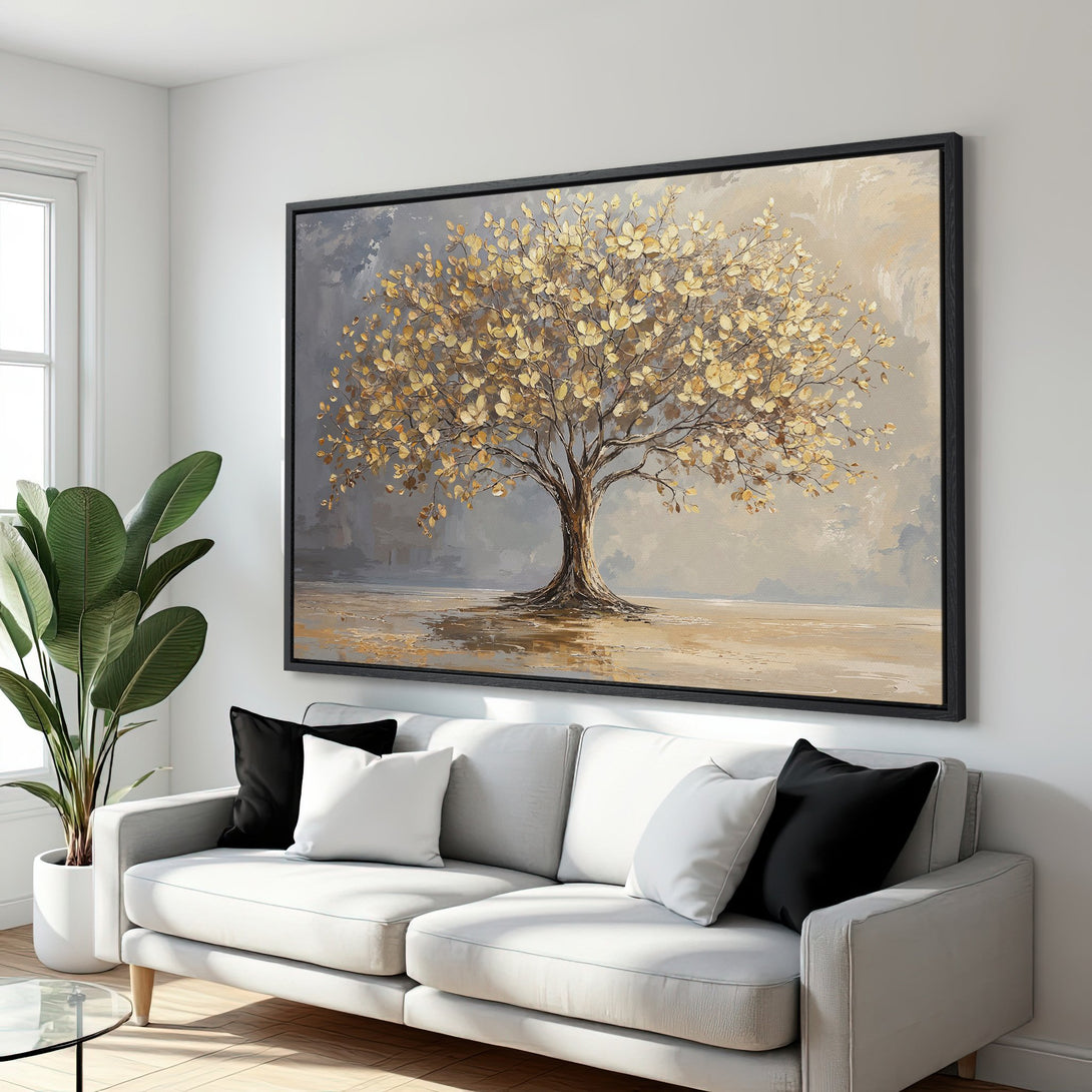 Framed Wall Art: Golden tree painting in neutral tones. Enhance your living room with this stunning canvas print, adding a touch of elegance and style.