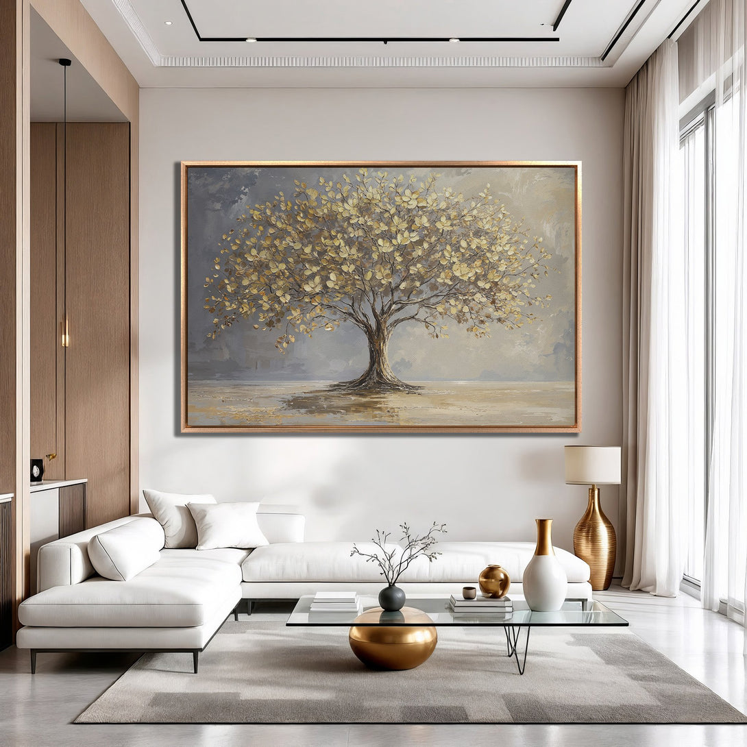 Framed Wall Art: Golden tree painting in a modern living room. Neutral color palette with gold accents. Elevate your space with elegant decor.