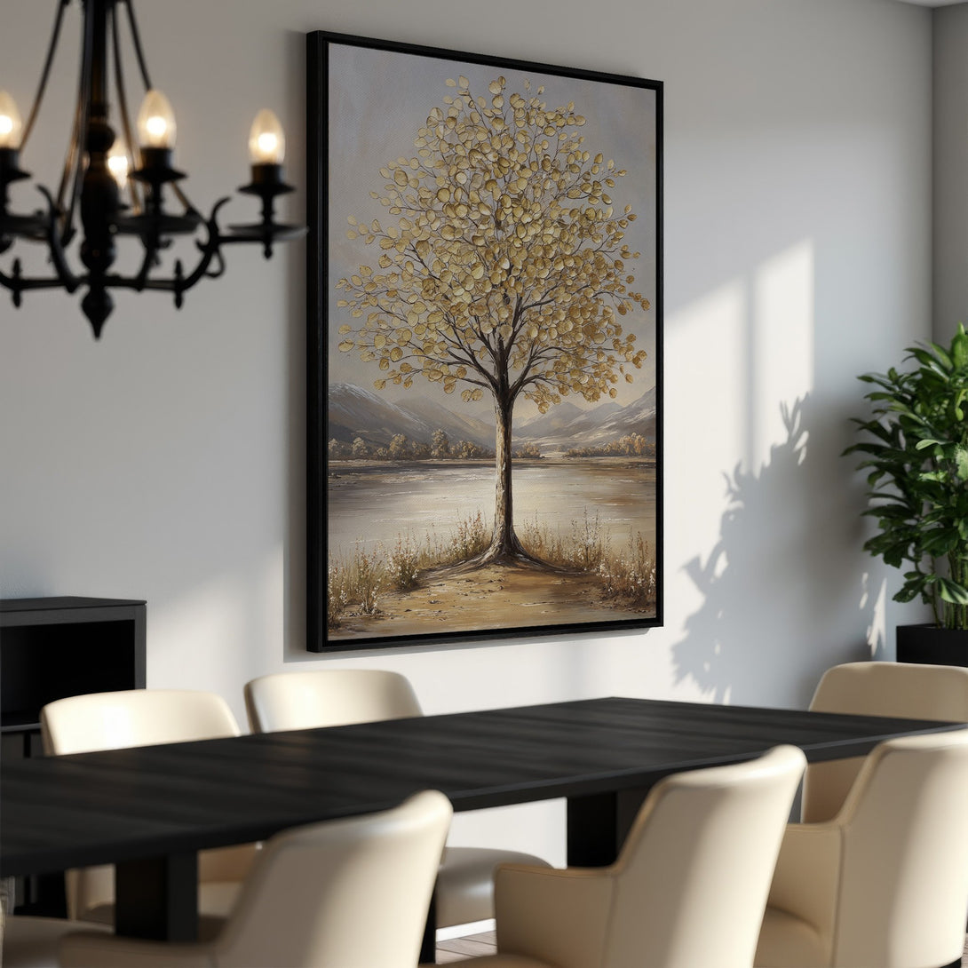 Framed Wall Art featuring a serene tree landscape in neutral tones. Perfect for adding a touch of nature-inspired art to your dining room or living space.