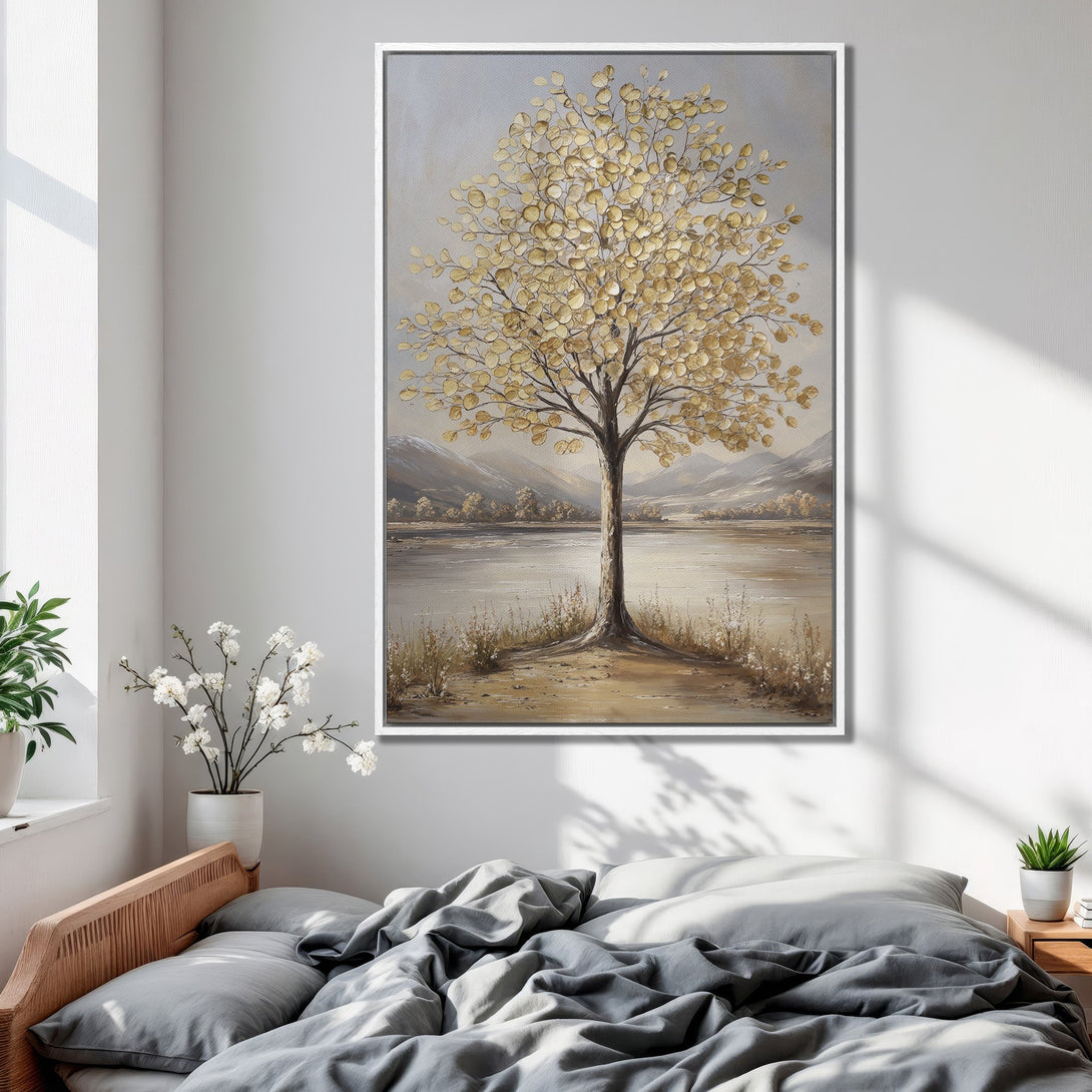 Framed Wall Art: Serene landscape Canvas Print with a golden tree and neutral color palette, perfect for bedroom decor. Adds a touch of nature's beauty.