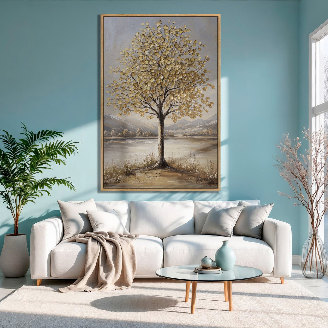Framed Wall Art: Abstract tree painting in neutral tones with gold accents. Perfect for modern decor. Features a serene landscape and calming color palette.