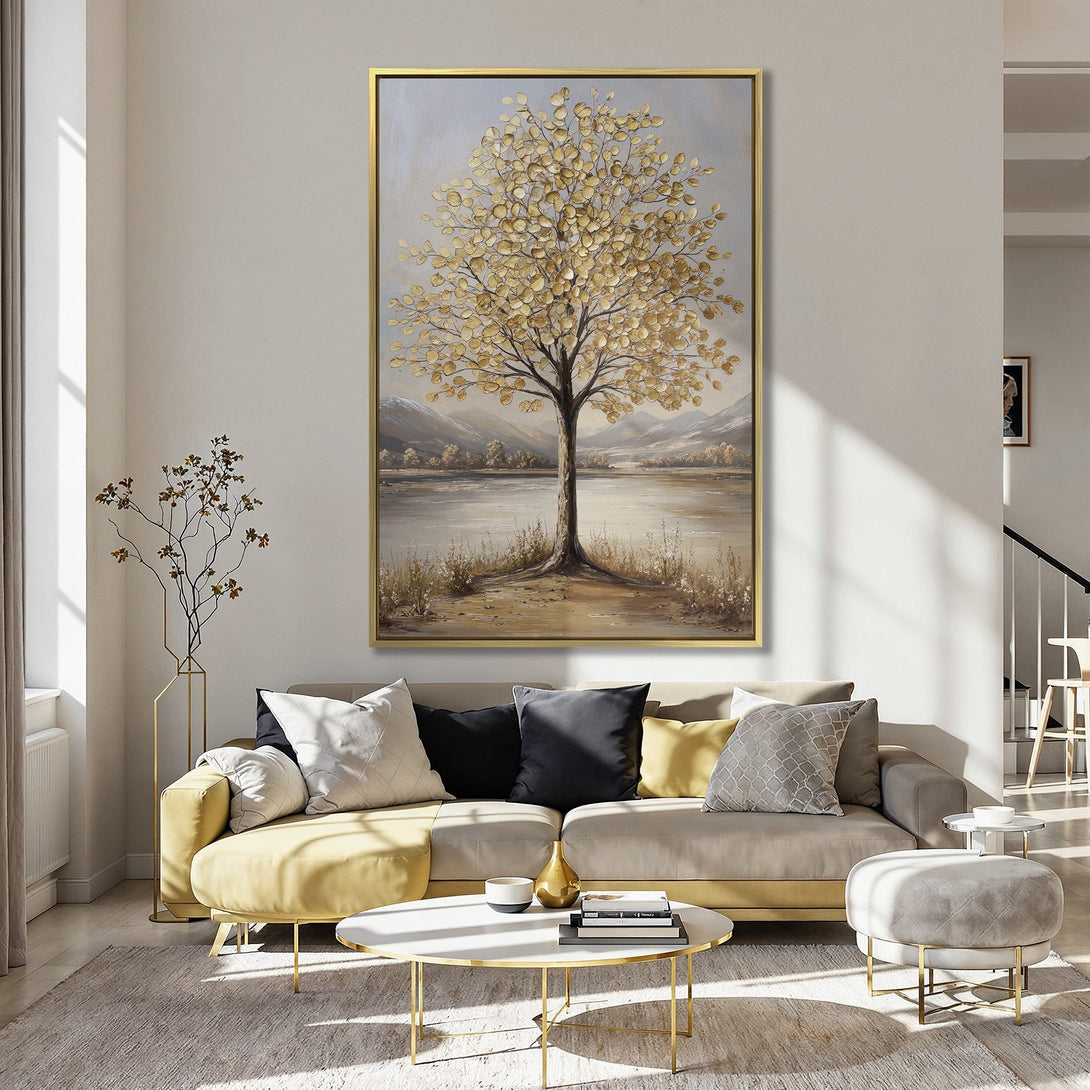 Canvas Print of a serene tree landscape in muted gold and neutral tones, perfect for adding a touch of nature to your home decor.