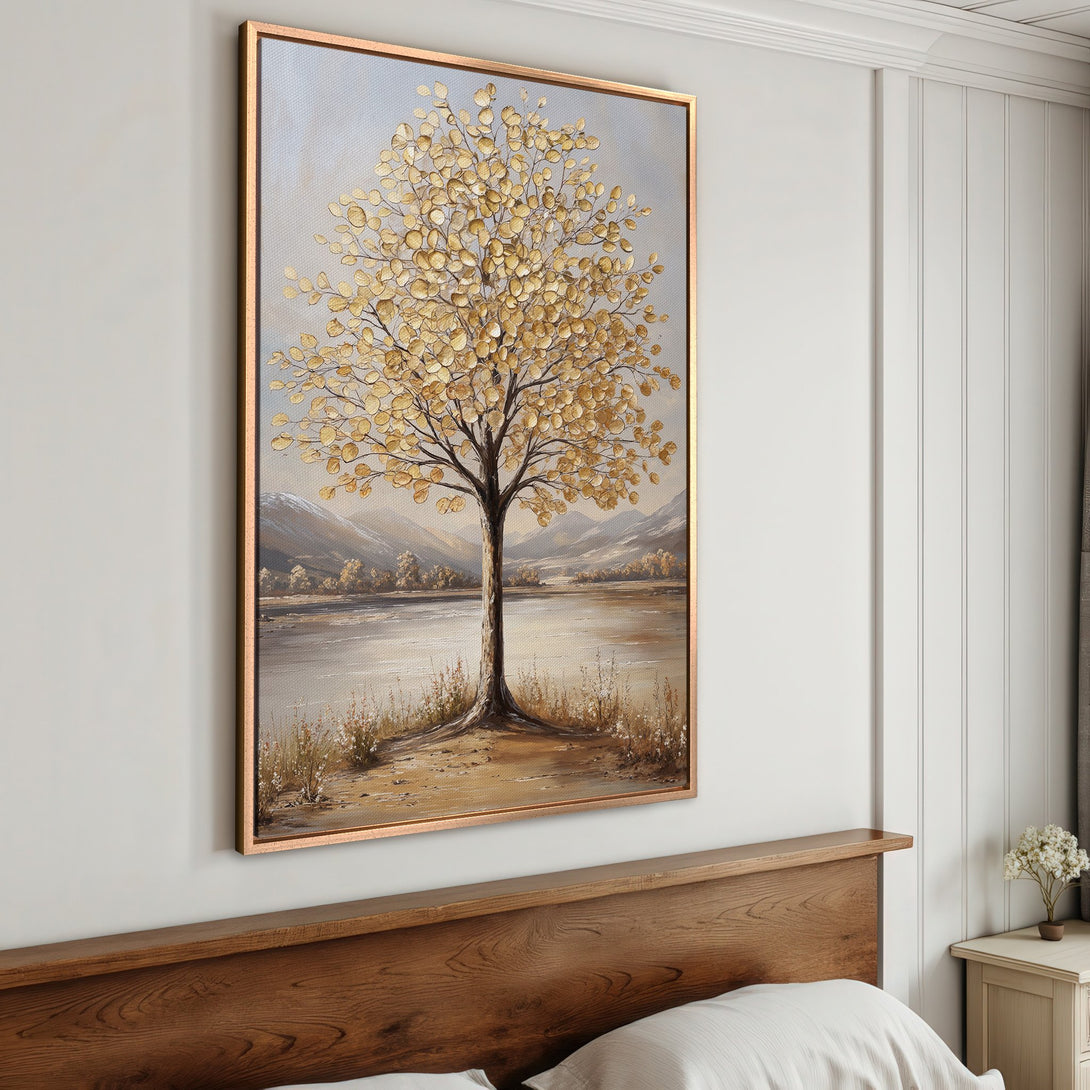 Framed Wall Art: Golden tree landscape painting in neutral tones. Perfect for adding a touch of nature and warmth to your home decor.