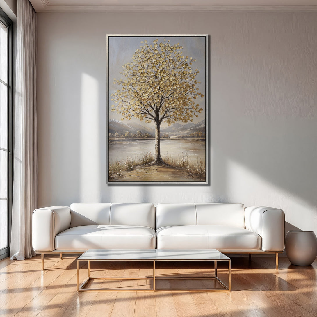 Framed Wall Art: Golden tree landscape painting in neutral tones. Modern art canvas print adds elegance to a living room interior.