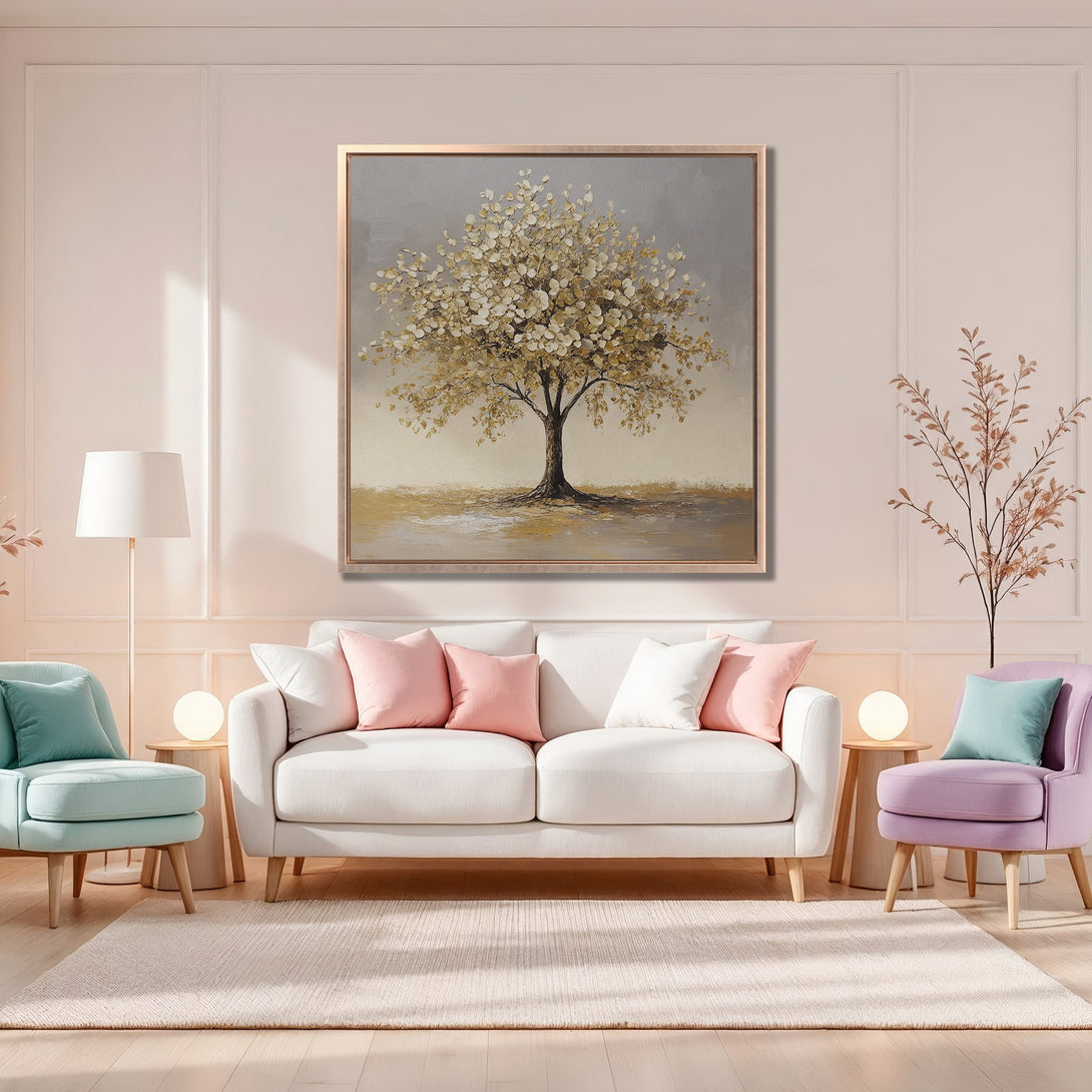 Framed Wall Art: Abstract tree painting in a warm, neutral color palette. Perfect for adding a touch of elegance to your living room or bedroom decor.