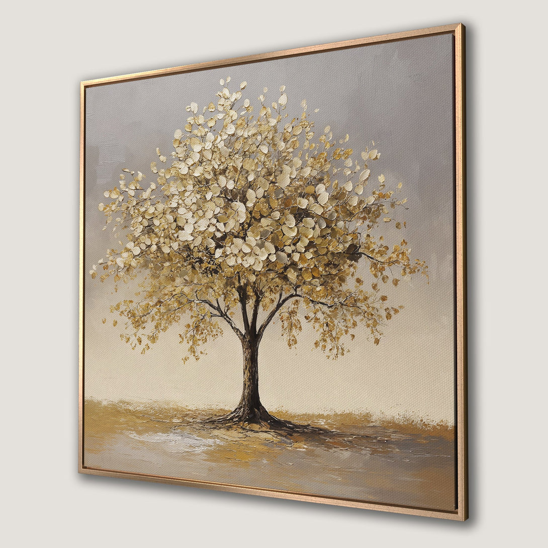 Framed Wall Art: Textured gold tree painting on canvas. Neutral color palette with gold frame. Perfect for adding elegance to any space.