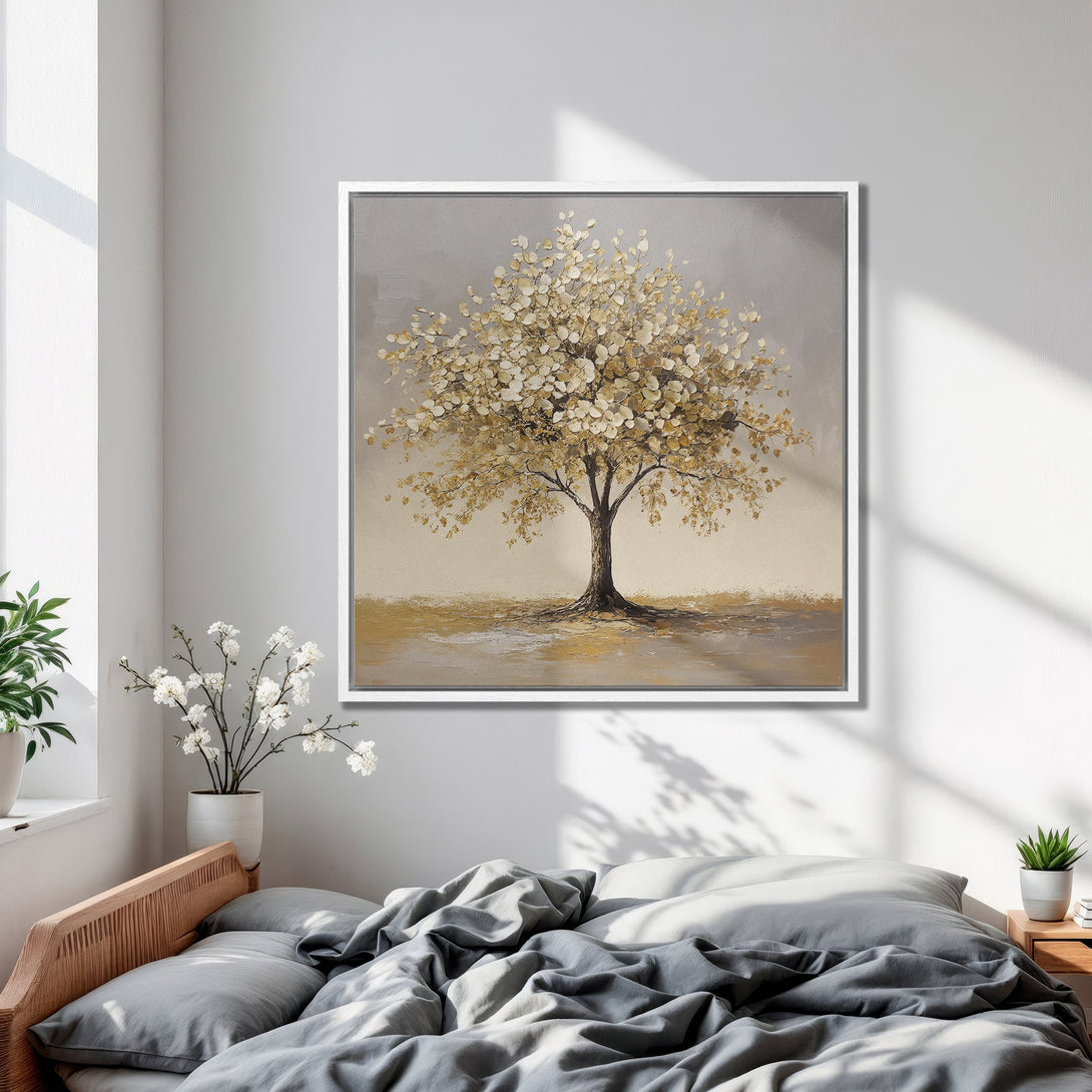 Framed Wall Art: Abstract tree painting in neutral tones. Modern style with gold and grey color palette, perfect for bedroom decor.