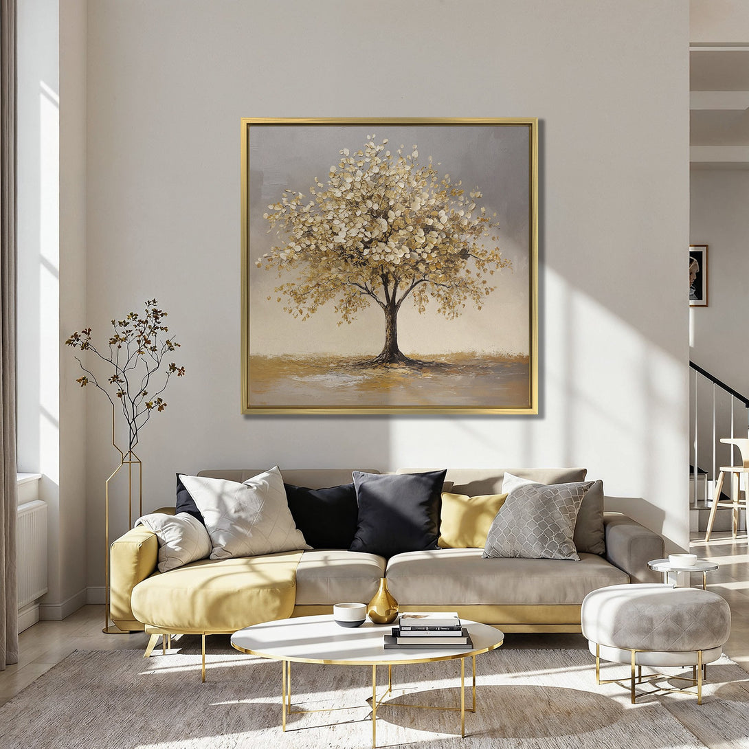 Canvas Print of a golden tree painting in a modern interior. Warm gold and neutral tones create a sophisticated, inviting wall art piece.