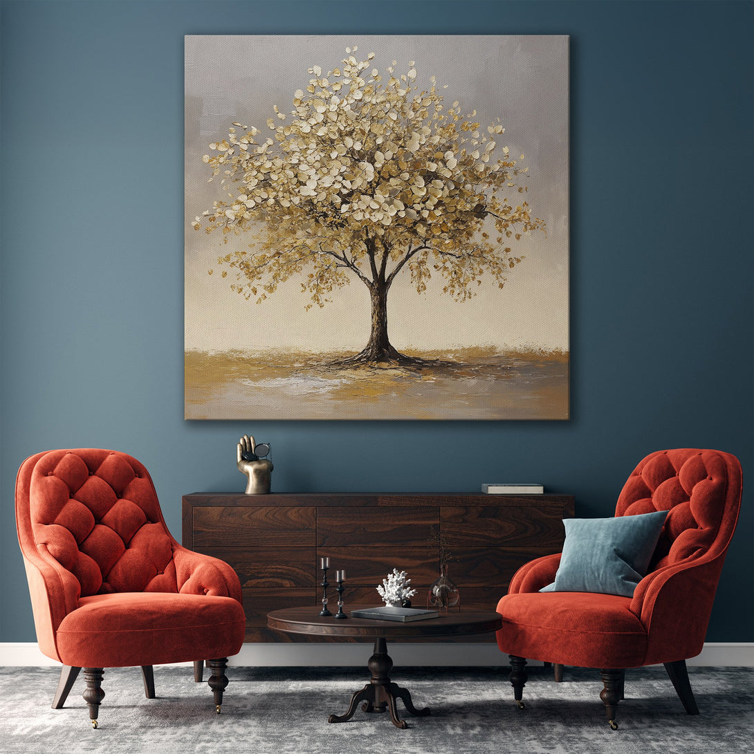 Framed Wall Art: Abstract tree painting in gold and neutral tones. Modern art for living room decor, adding elegance and warmth to any space.