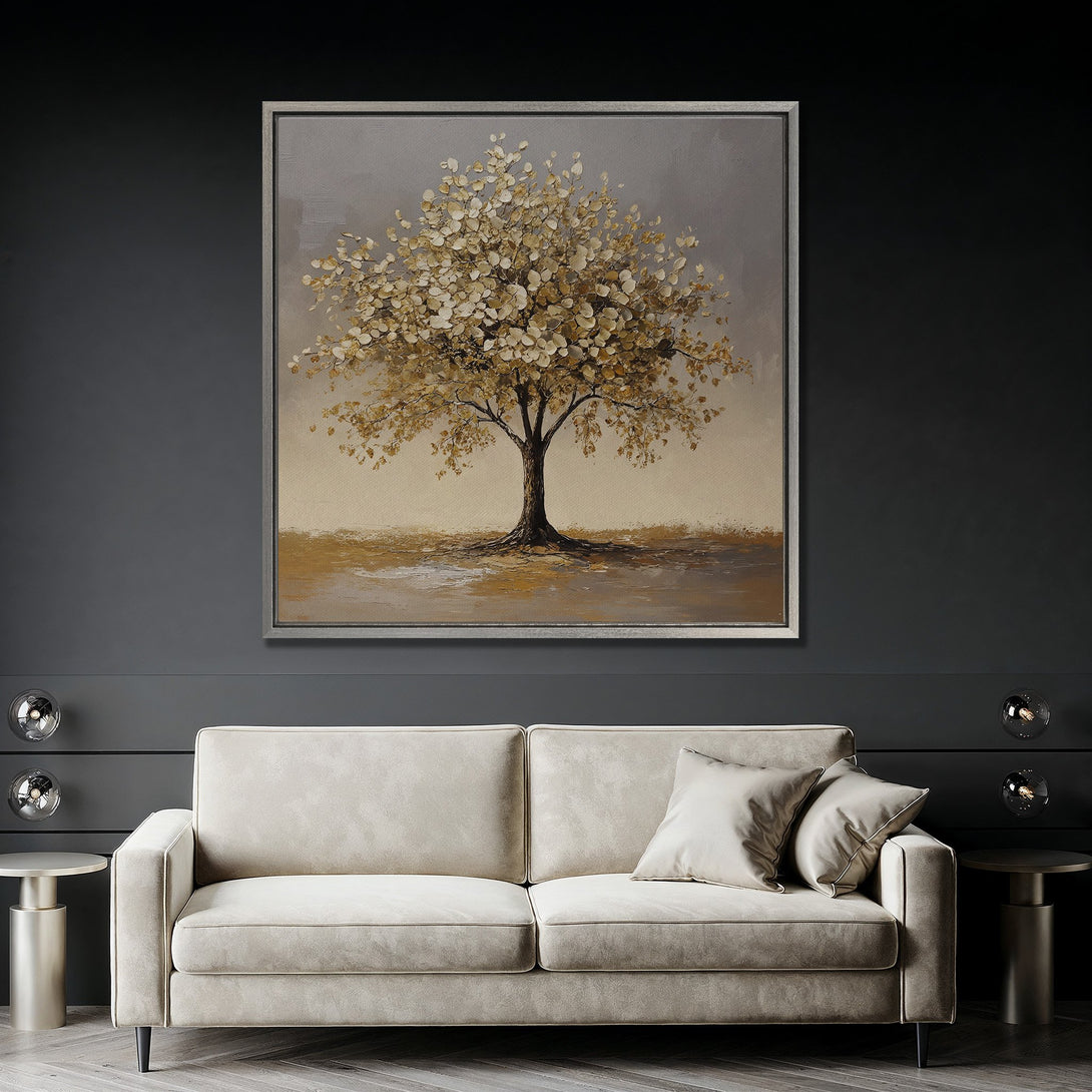 Framed Wall Art: Abstract tree painting in gold and neutral tones. Modern canvas print decor for living room with minimalist style.