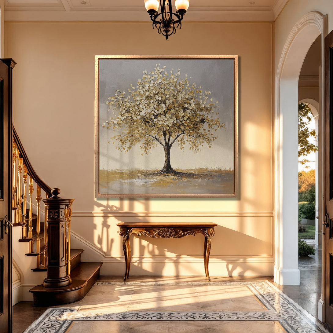 Framed Wall Art featuring a golden tree painting. Neutral color palette complements the elegant interior. Enhance your home with this stunning canvas print!